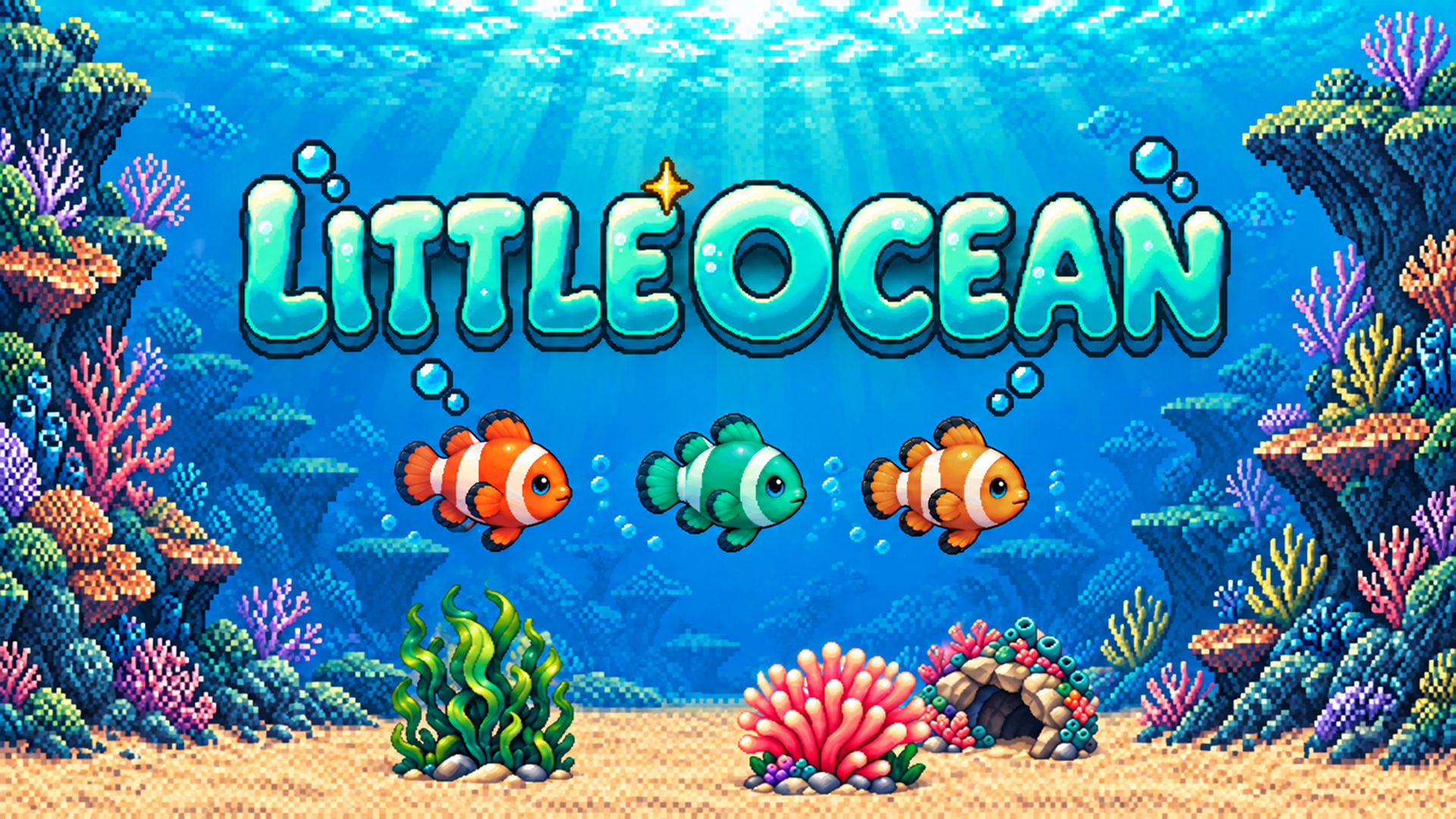 LITTLE OCEAN 작은바다: 산호와 세 마리 물고기를 담은 게임 타이틀 아트